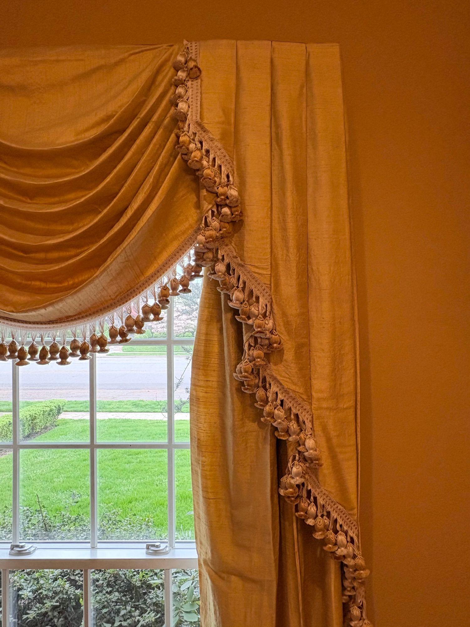 Pair of Custom Linen Drapes, Curtains and Valances, Lined, Tassels For Sale 2