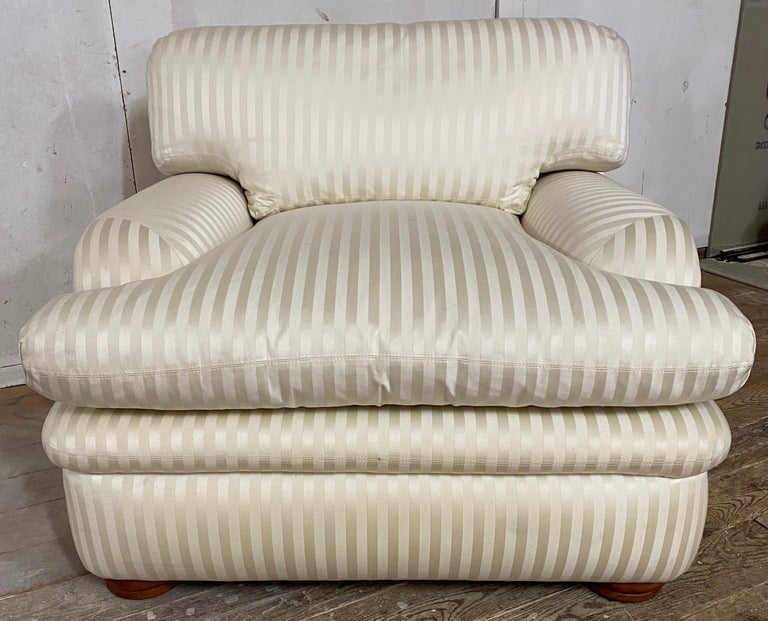 These extra comfortable, extra inviting, extra stylish, extra luxurious custom made silk covered lounging club chairs on buns feet and down filled cushions will make a statement in any room.
Use these chairs as is with the neutral color upholstery