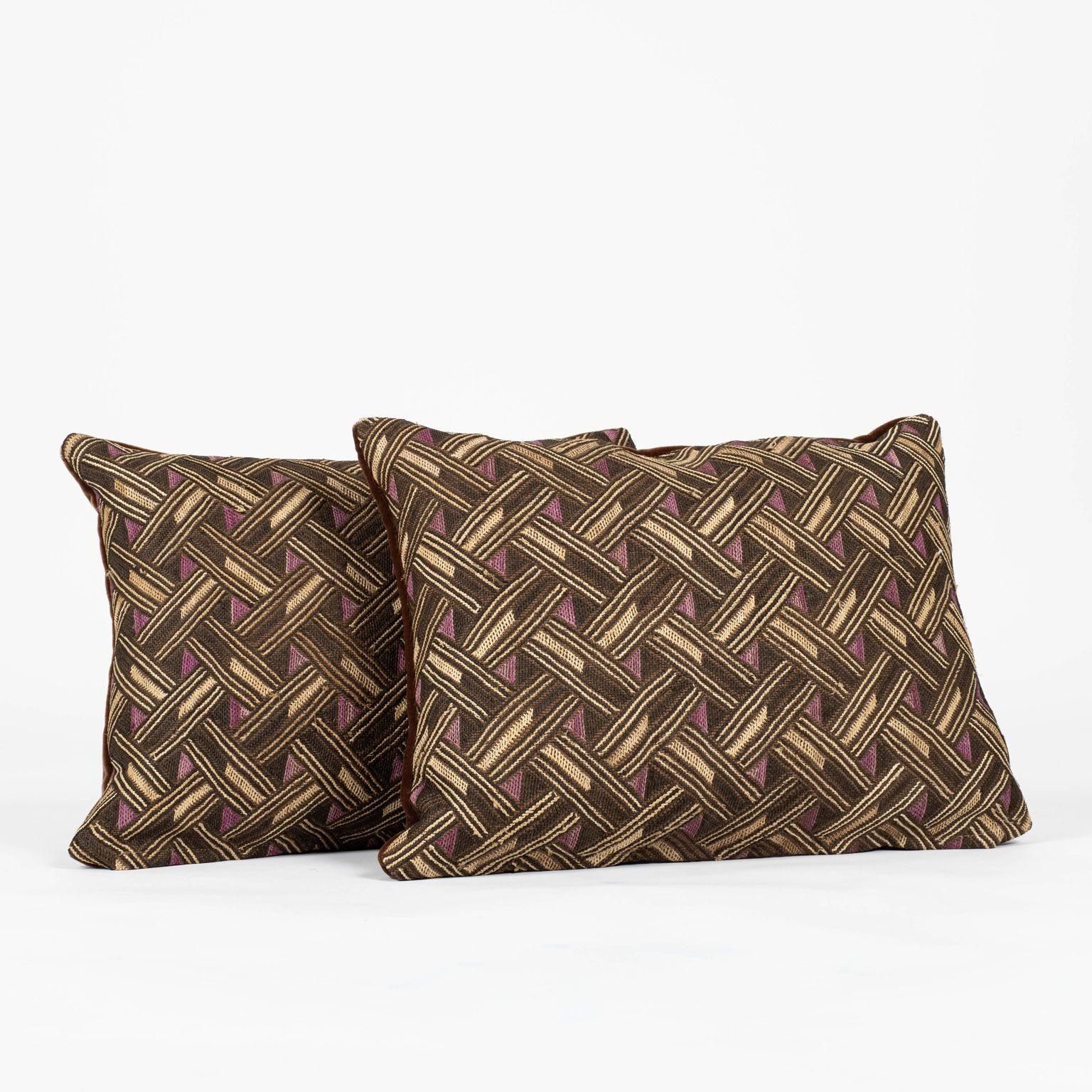 Pair of Custom Lumbar Cushions from Vintage African Kuba Cloth For Sale 4