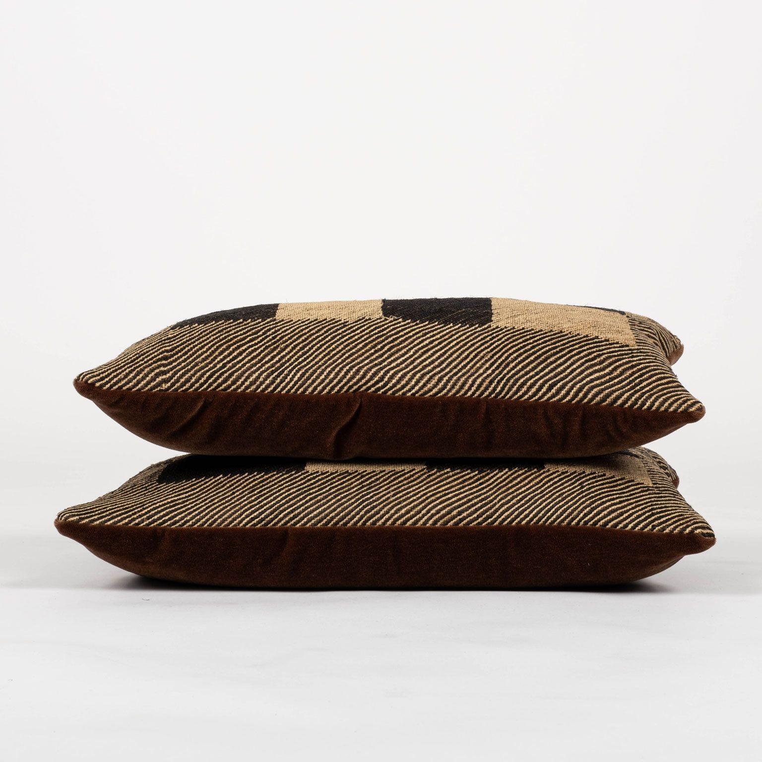 American Pair of Custom Lumbar Cushions from Vintage African Kuba Cloth For Sale