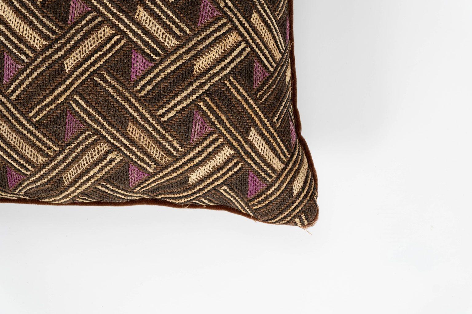 American Pair of Custom Lumbar Cushions from Vintage African Kuba Cloth For Sale
