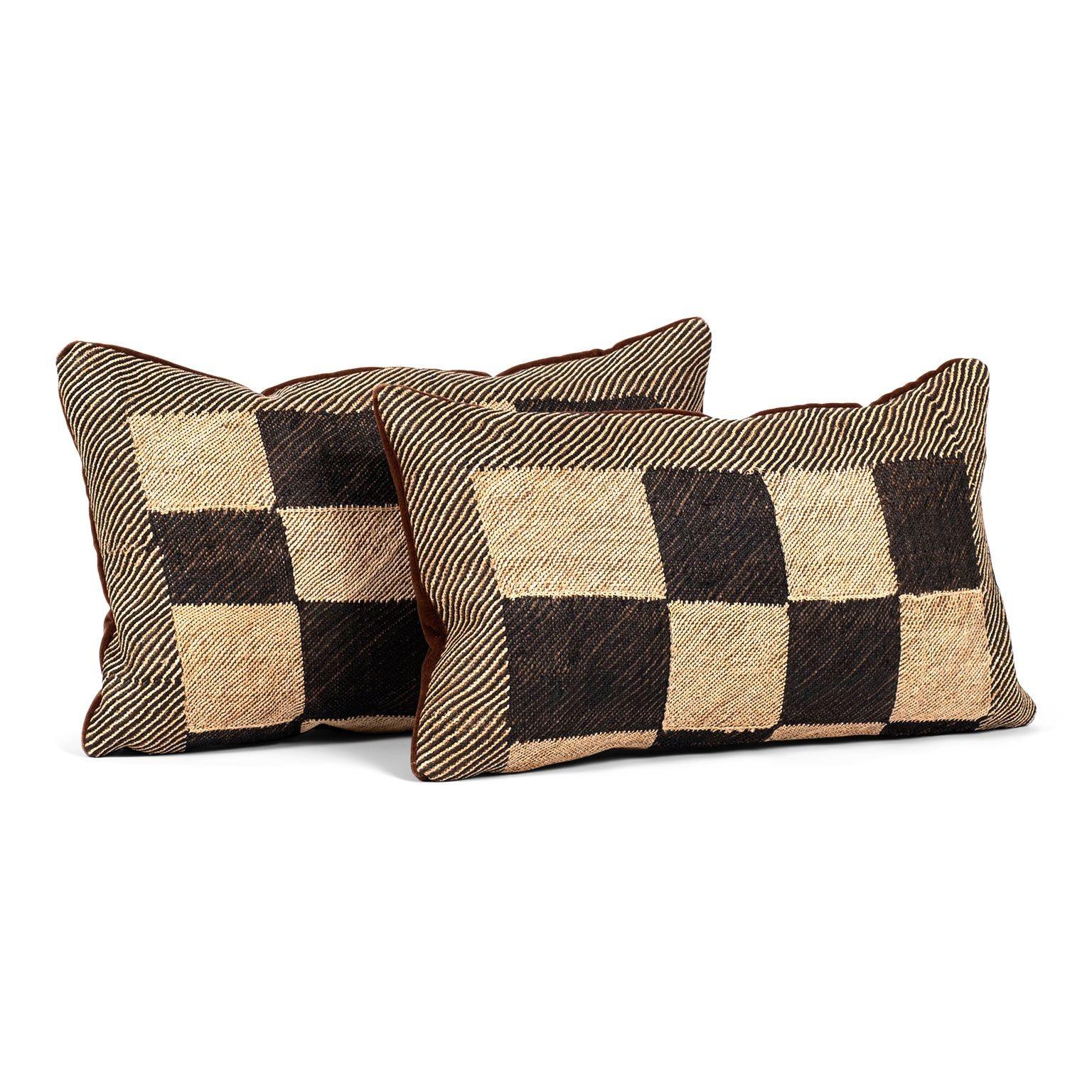 Pair of Custom Lumbar Cushions from Vintage African Kuba Cloth In Good Condition For Sale In Houston, TX