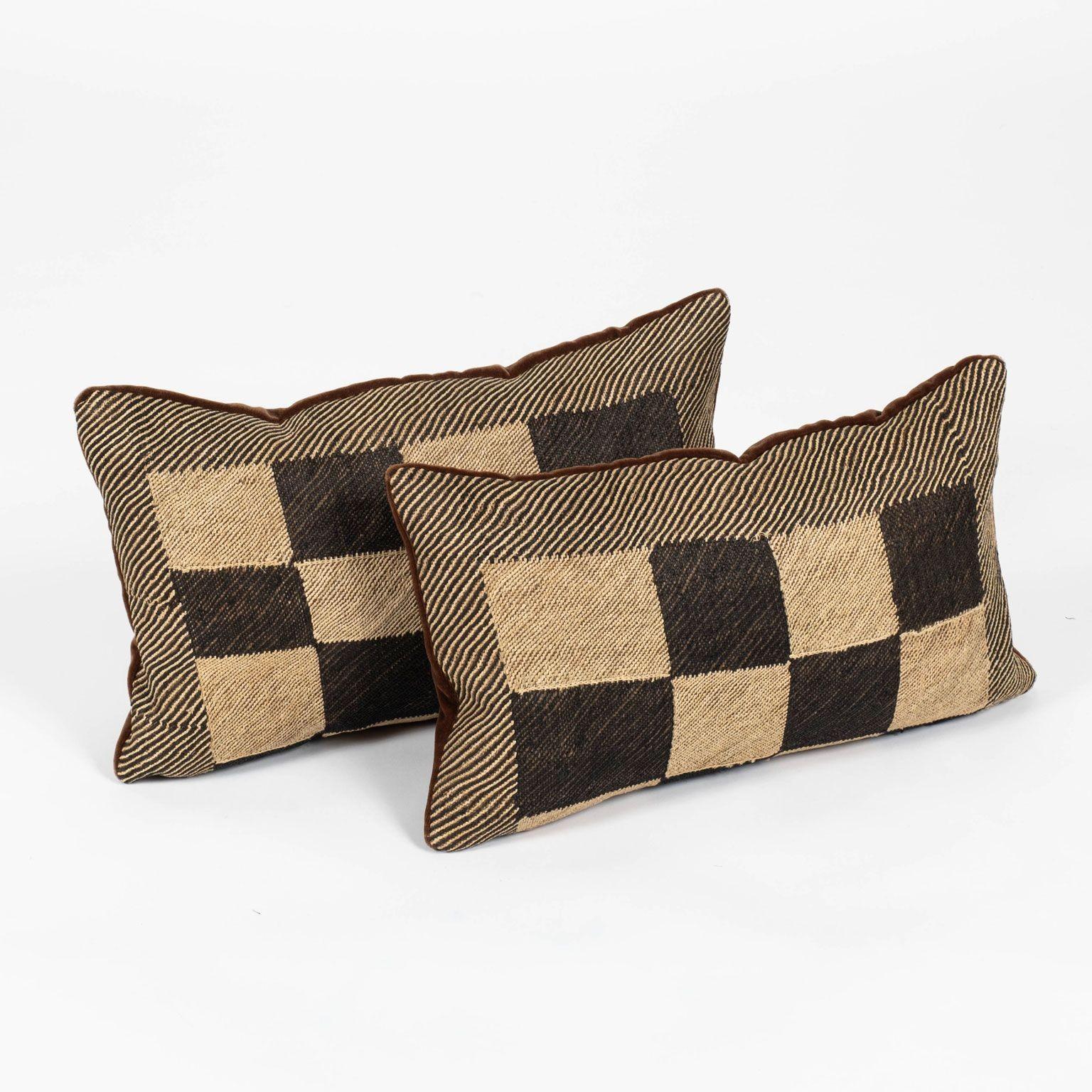 Contemporary Pair of Custom Lumbar Cushions from Vintage African Kuba Cloth For Sale