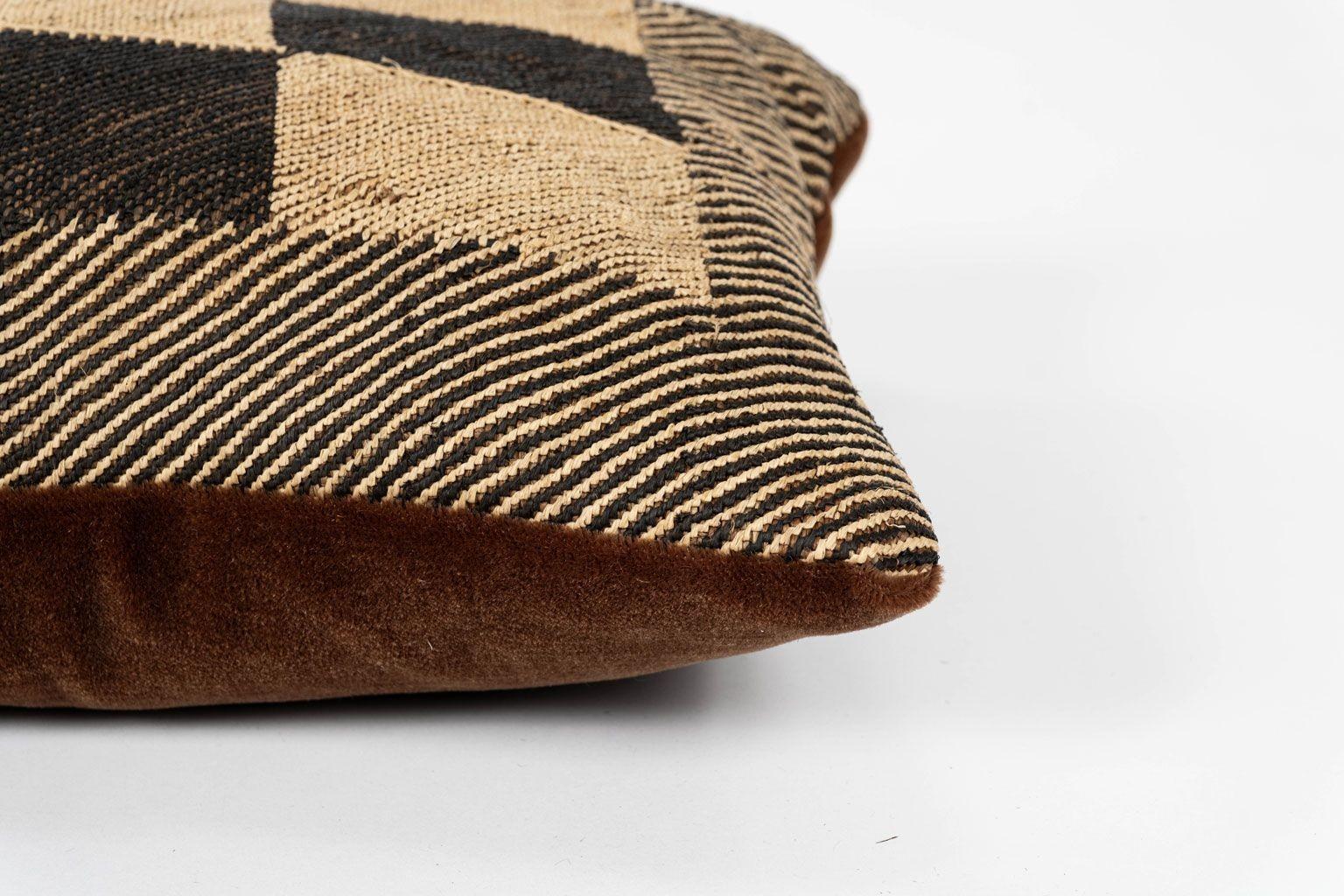 Metal Pair of Custom Lumbar Cushions from Vintage African Kuba Cloth For Sale