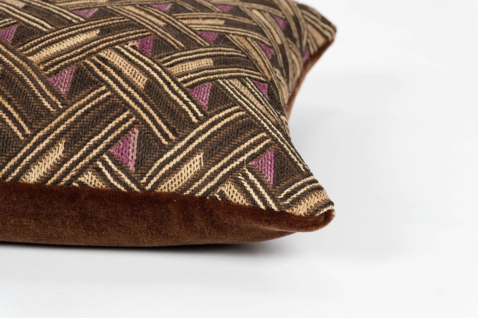 Metal Pair of Custom Lumbar Cushions from Vintage African Kuba Cloth For Sale