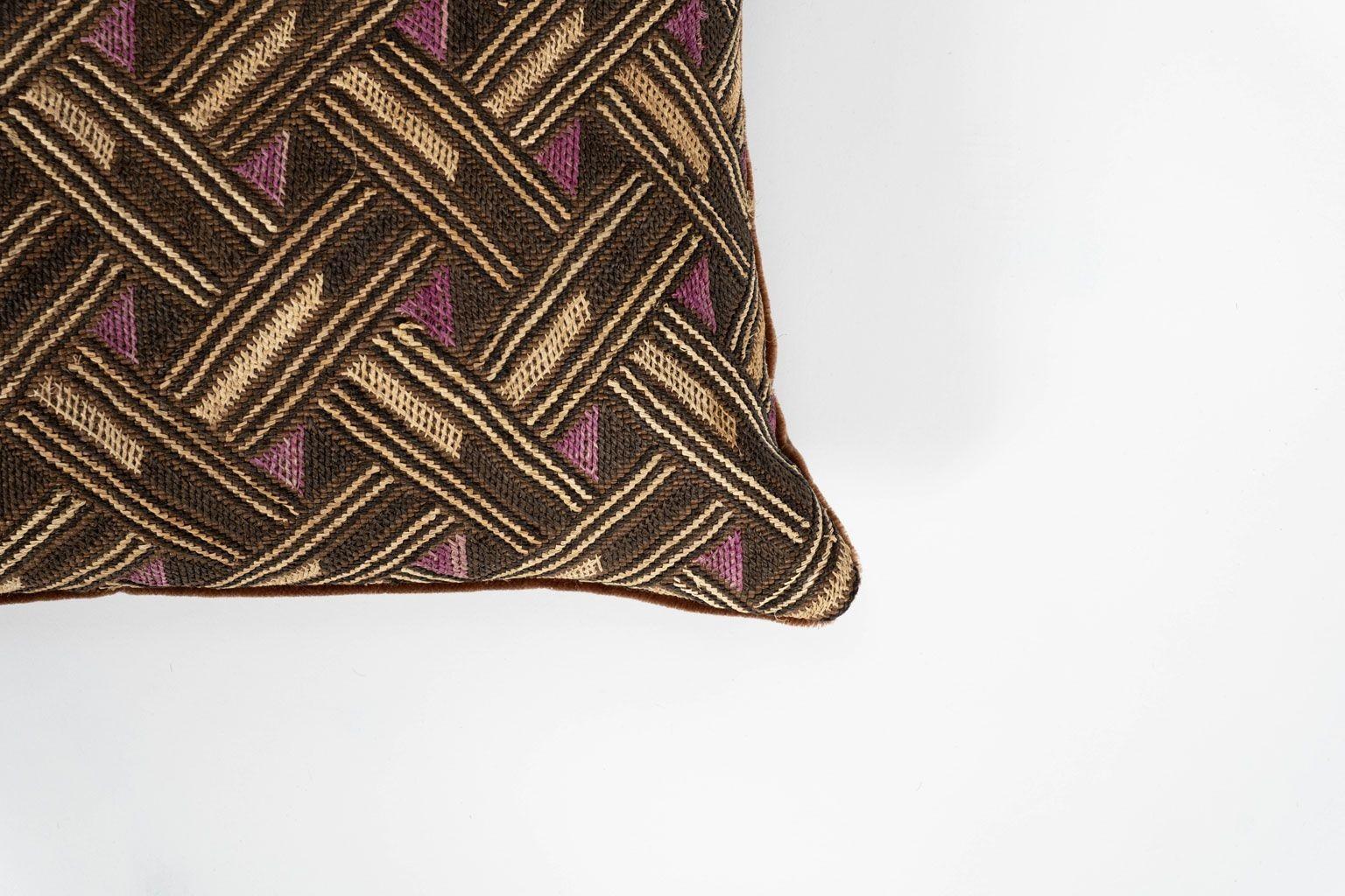 Pair of Custom Lumbar Cushions from Vintage African Kuba Cloth For Sale 1