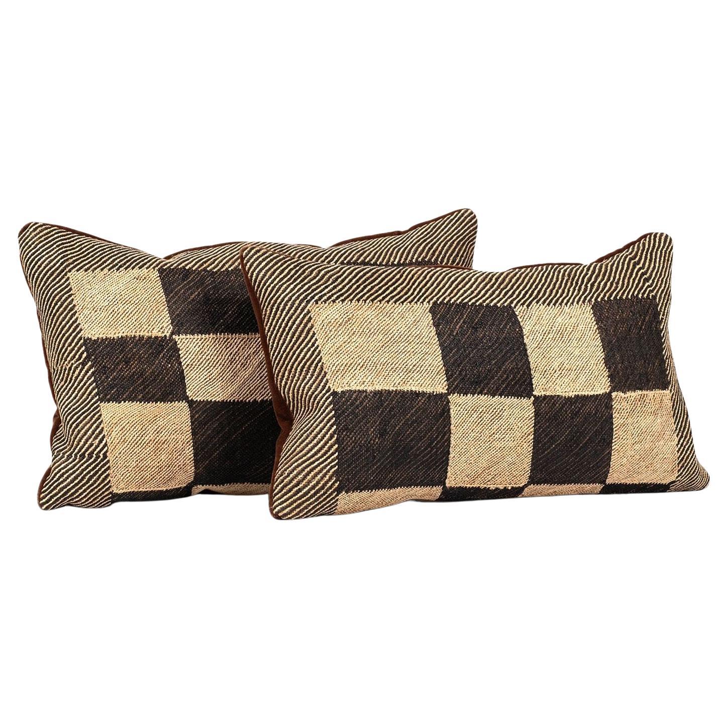 Pair of Custom Lumbar Cushions from Vintage African Kuba Cloth