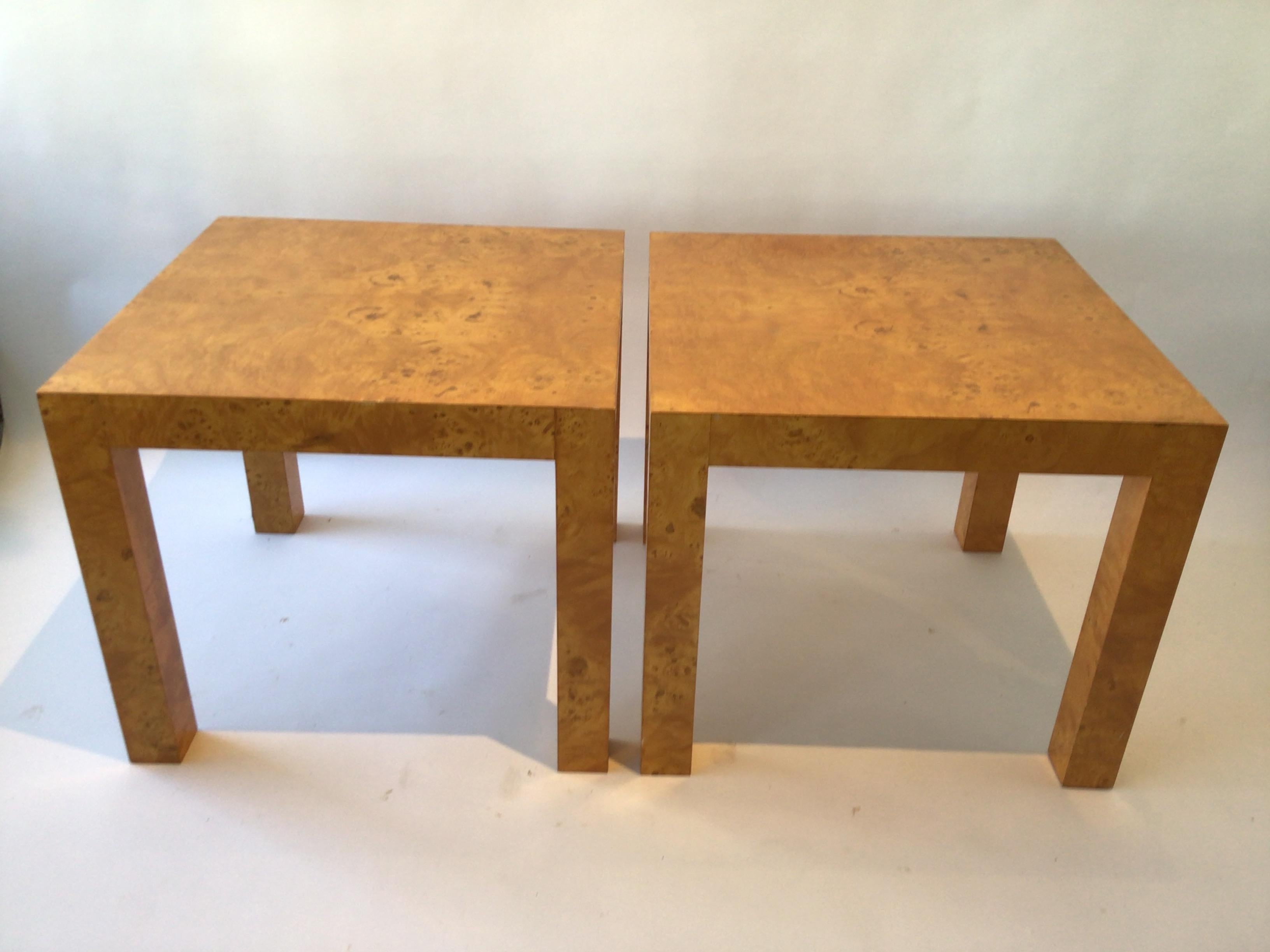 Pair of 1980s custom made burl wood end tables.