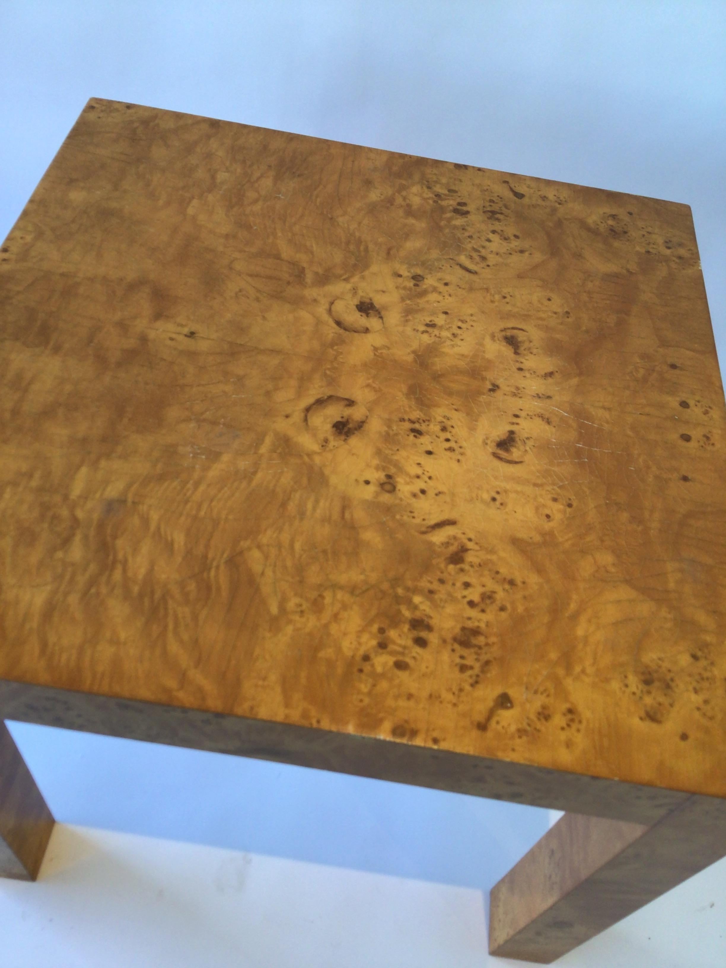 Pair of Milo Baughman Style Custom Made 1980s Burl Wood Parson End Tables 1