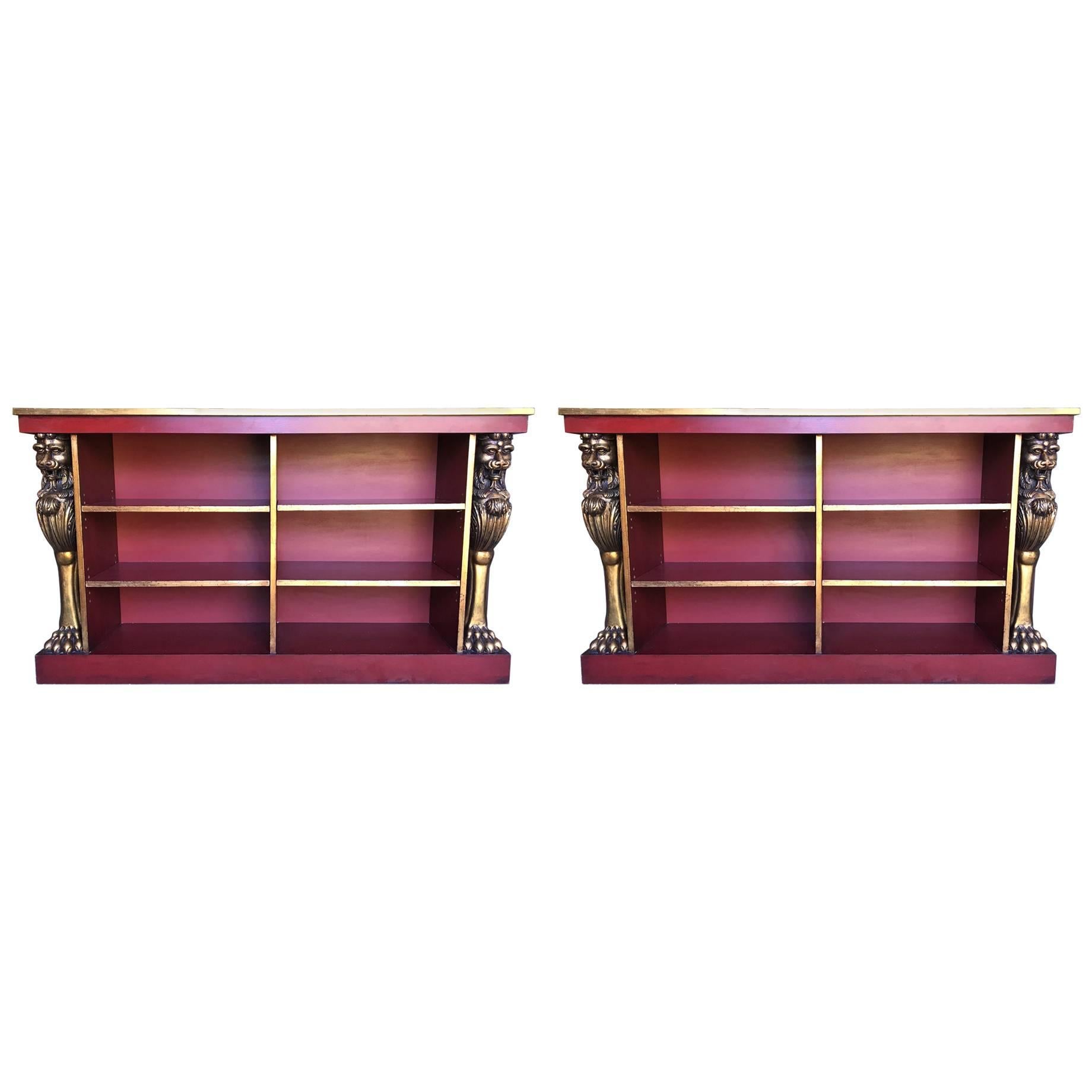 Pair of Custom Made 20th Century Bookcases with Carved Gold Gilt Lions