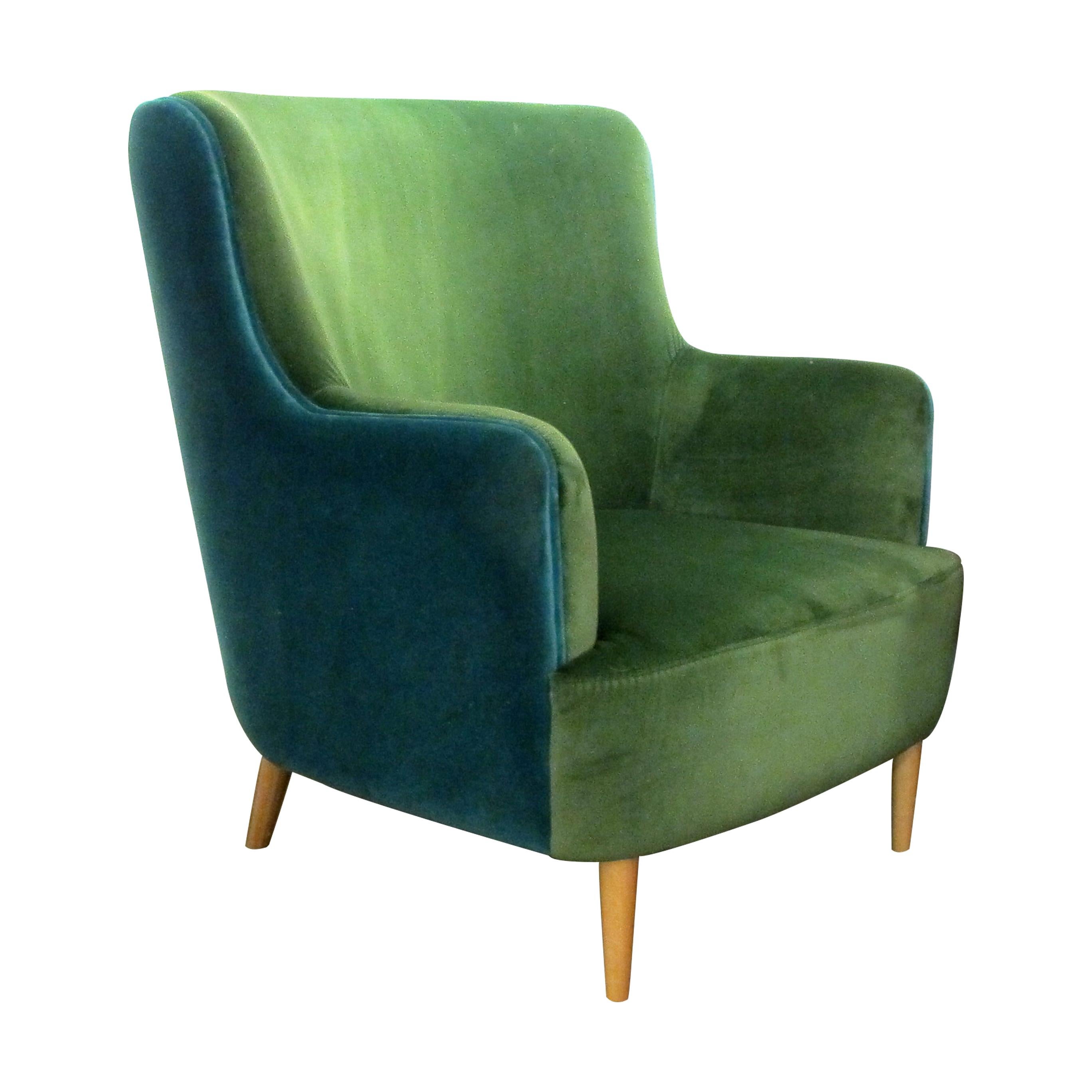 Modern Pair of Custom Made Armchairs Upholstered in Green & Torquoise Velvet Fabric