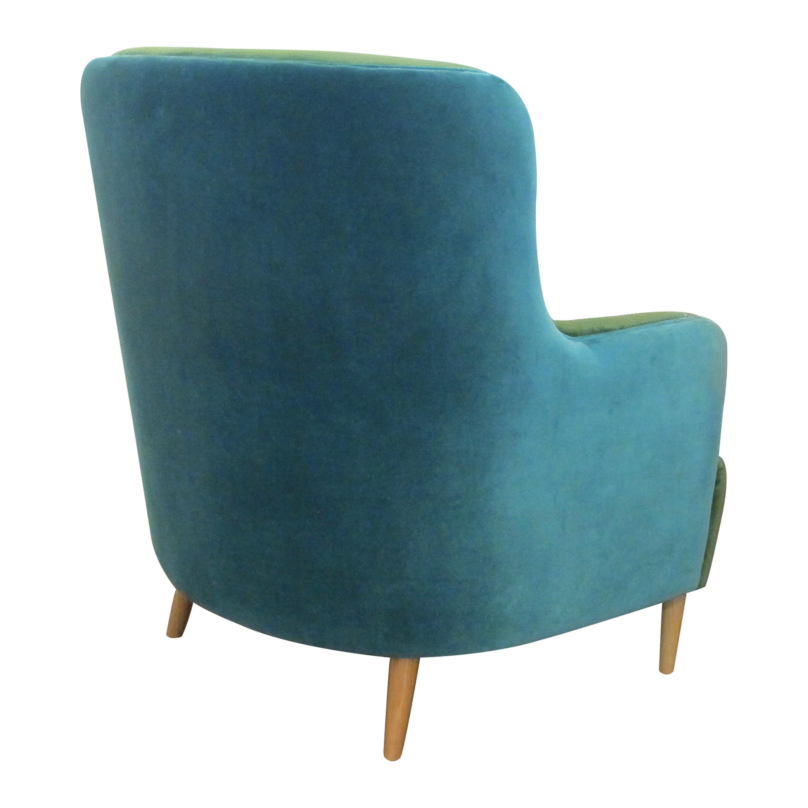 British Pair of Custom Made Armchairs Upholstered in Green & Torquoise Velvet Fabric