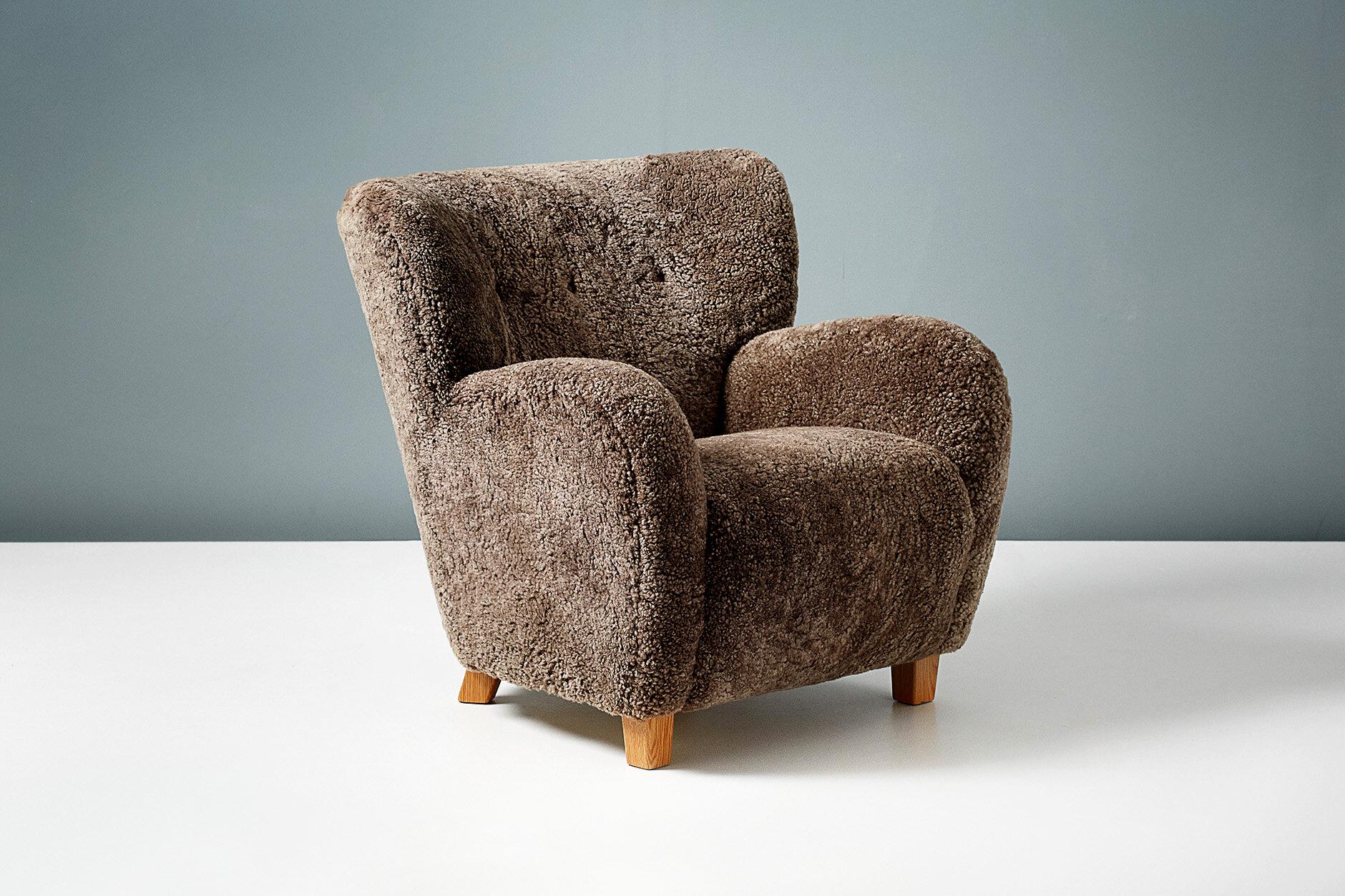 Beech Pair of Custom Made Brown Sheepskin Lounge Chairs For Sale