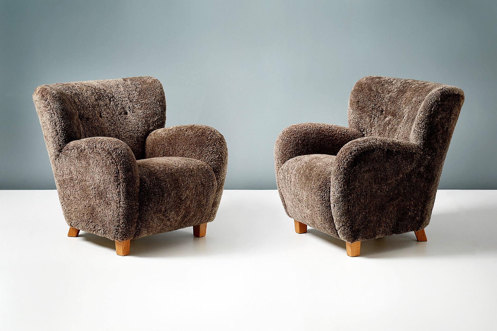 Pair of Custom Made Brown Sheepskin Lounge Chairs For Sale 2