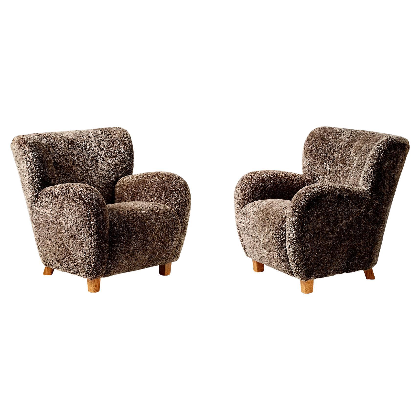 Pair of Custom Made Brown Sheepskin Lounge Chairs