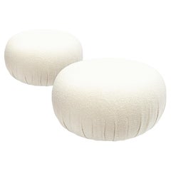 Pair of Custom Made Contemporary Modern White Boucle Wool Pouff Stool Ottomans