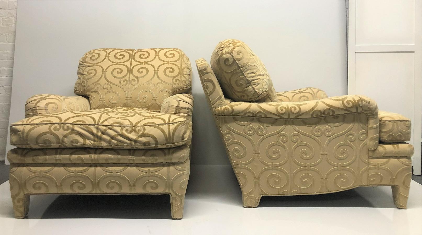 Pair of custom made damask velvet lounge chairs with down filled cushions. 


 