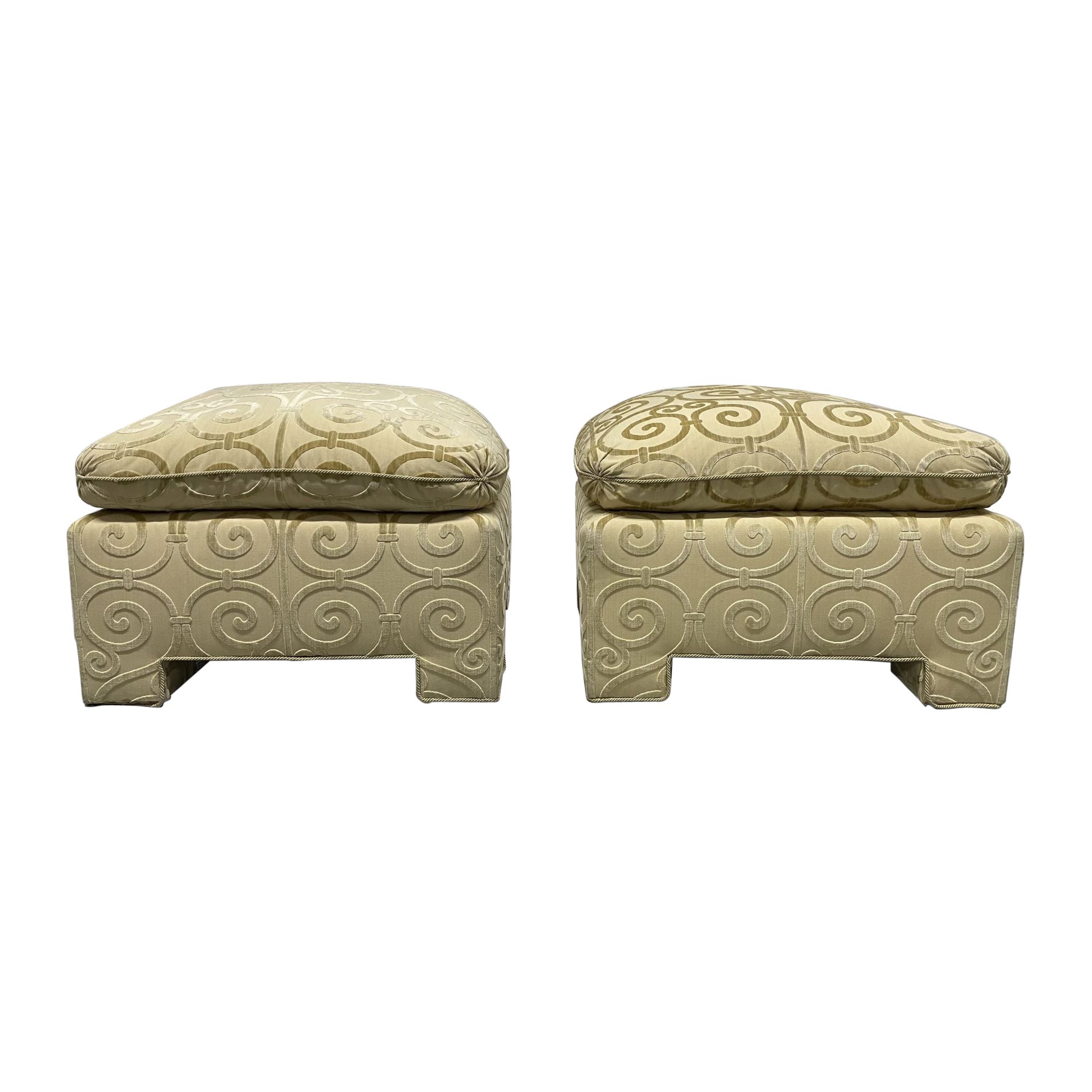 Pair of Custom-Made Damask Velvet Ottomans
