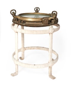 Pair of Custom Made End Tables Bronze Porthole Tops, Rope Wrapped Legs