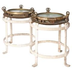 Used Pair of Custom Made End Tables Bronze Porthole Tops, Rope Wrapped Legs