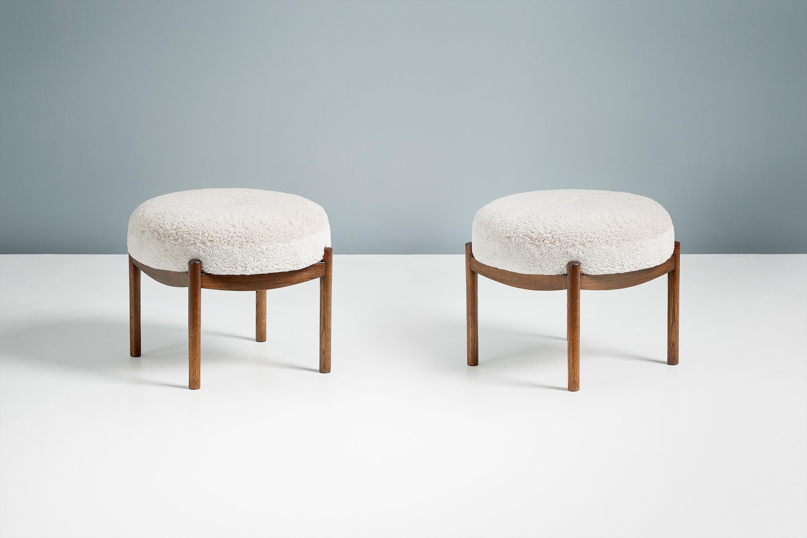 Pair of Custom Made Fumed Oak and Boucle Round Ottoman For Sale 3