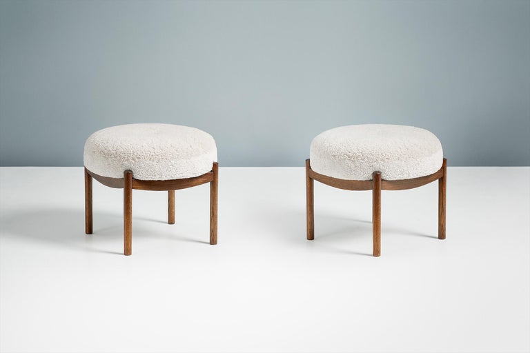 Pair of Custom Made Fumed Oak and Boucle Round Ottoman For Sale at 1stDibs