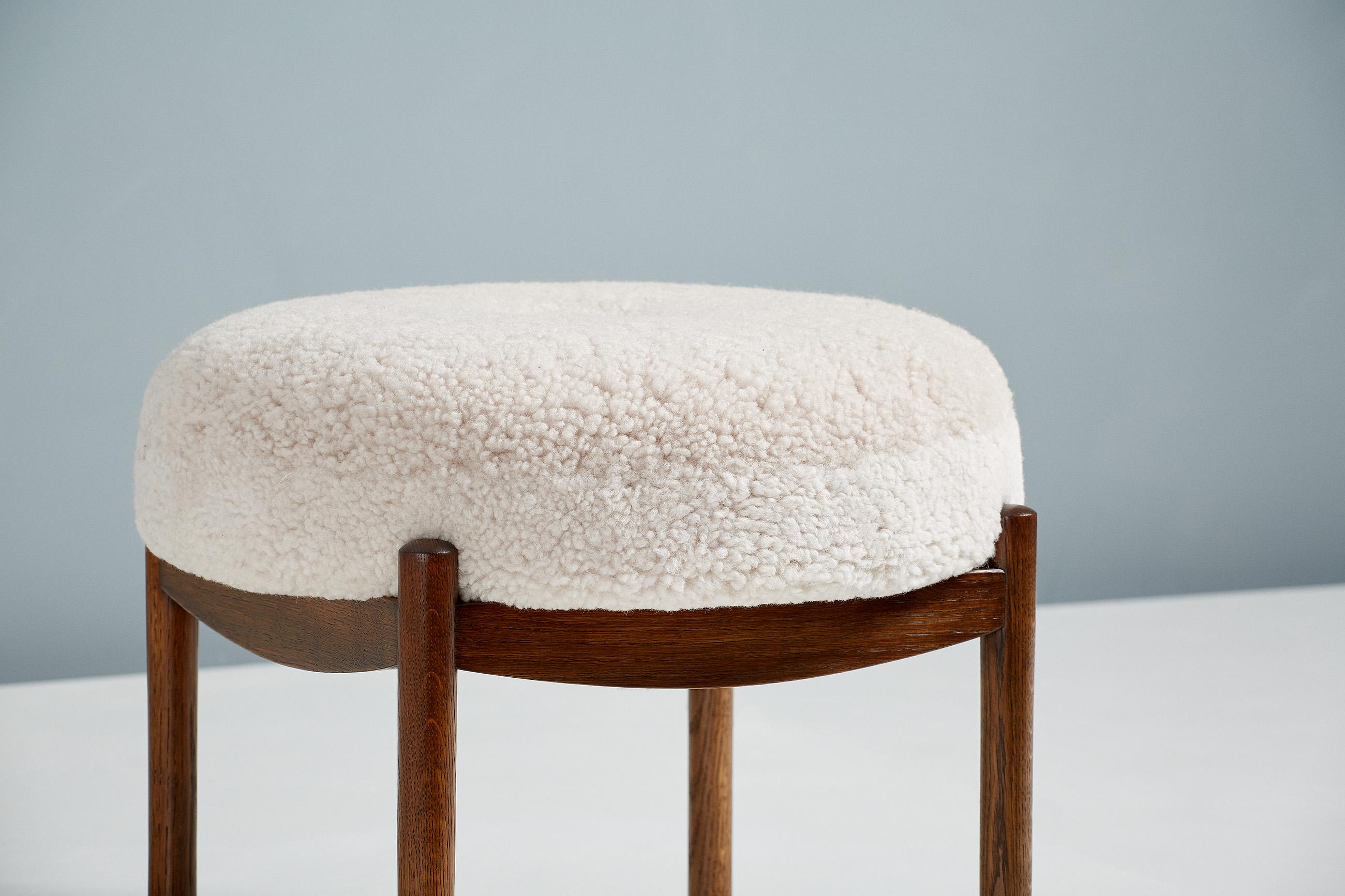 Pair of Custom Made Fumed Oak and Boucle Round Ottoman For Sale 4