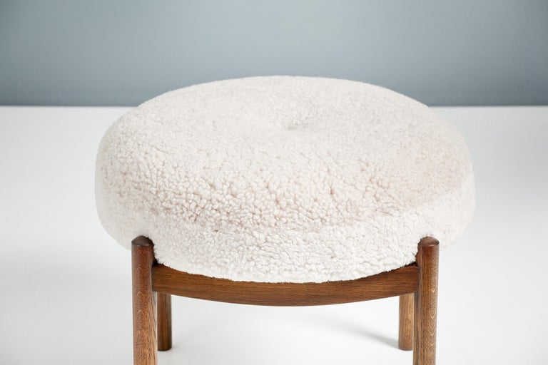 Pair of Custom Made Fumed Oak and Boucle Round Ottoman For Sale at 1stDibs