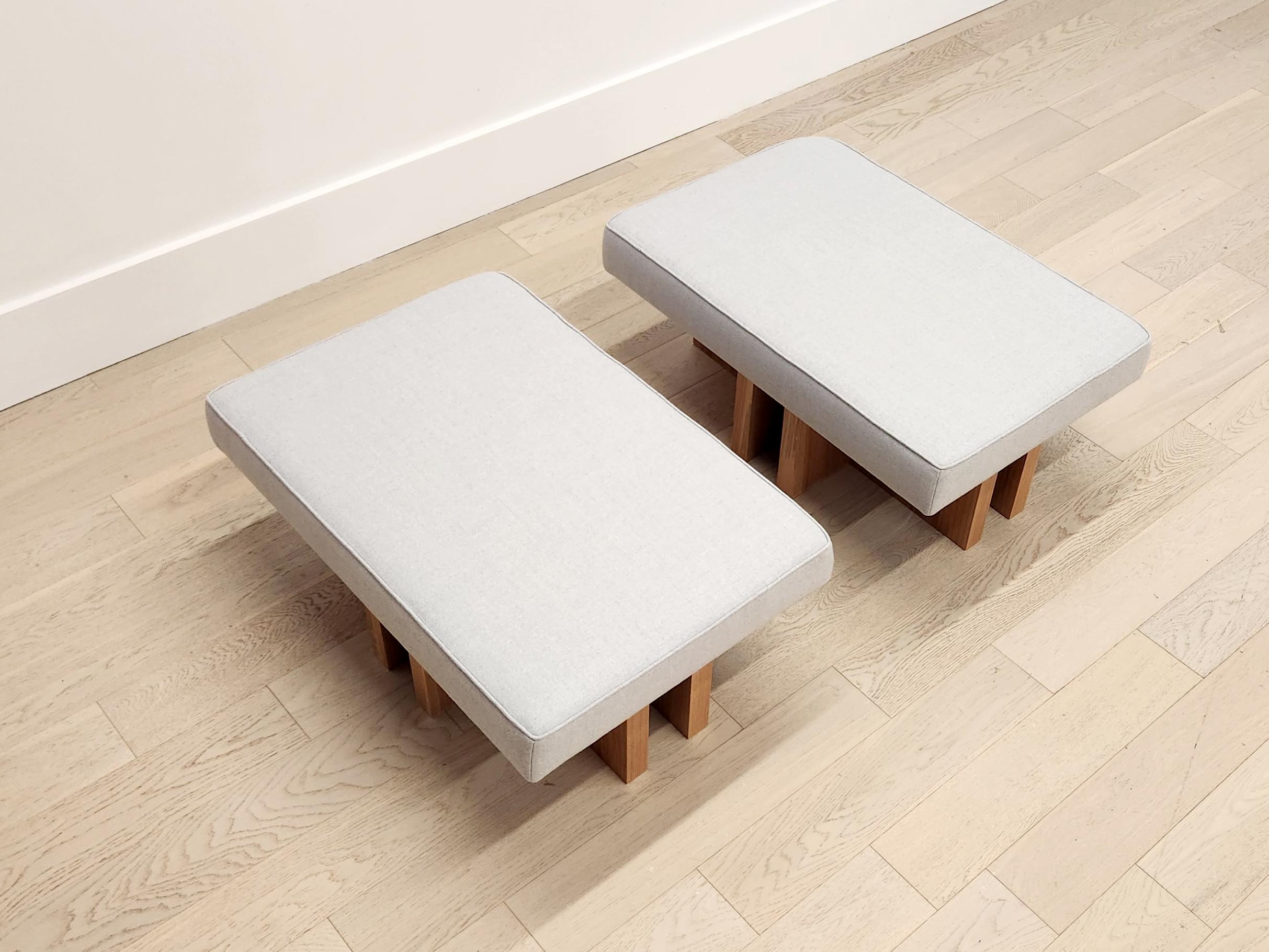 Modern  Pair of custom made Gueridon Ottomans, COM Upholstery, Choice of Wood Stain For Sale