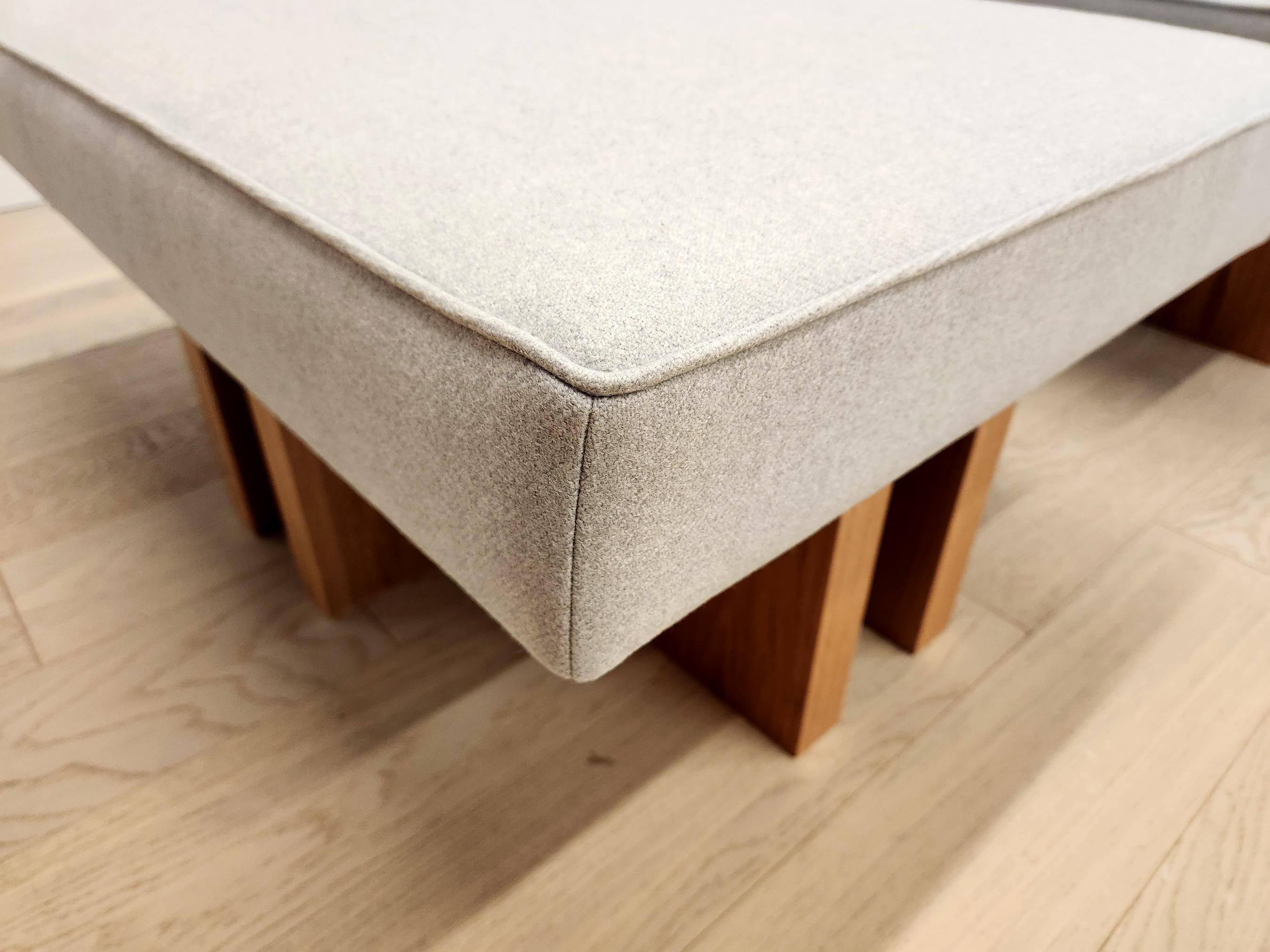 Pair of custom made Gueridon Ottomans, COM Upholstery, Choice of Wood Stain For Sale 1