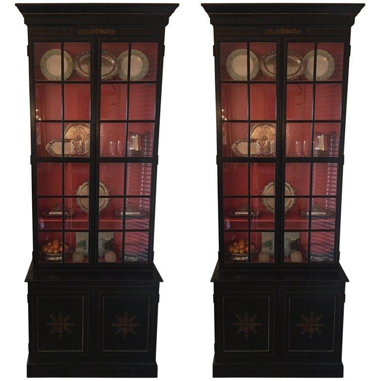 Pair of Custom Made John Rosselli Ebony Display Cabinets, Mid-20th Century