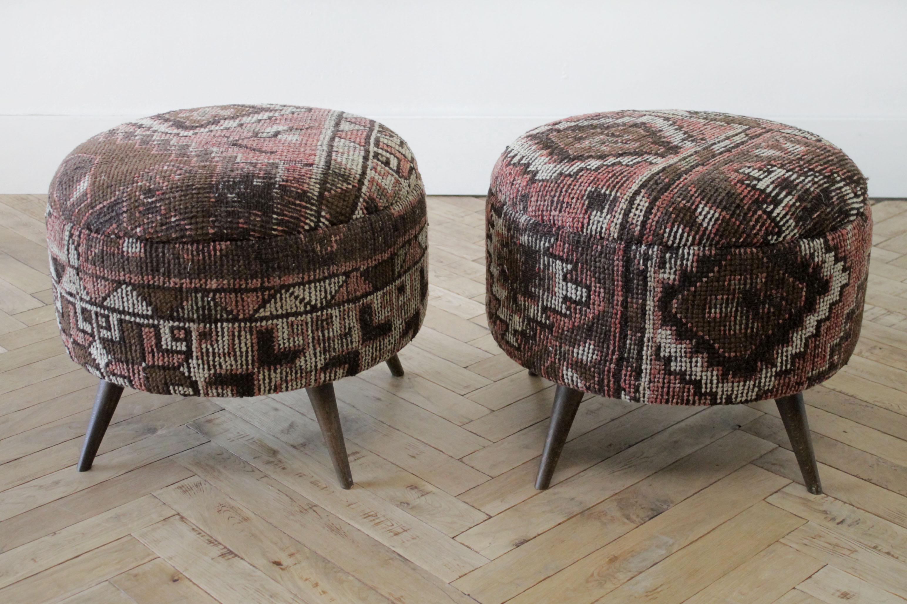 Custom made Kilim rug round ottoman. Beautiful brown, pink and cream pattern.
Measures:
21