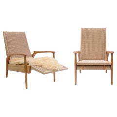 Pair of Custom-Made Lounge Chairs in Oiled Oak and Handwoven Natural Danish Cord