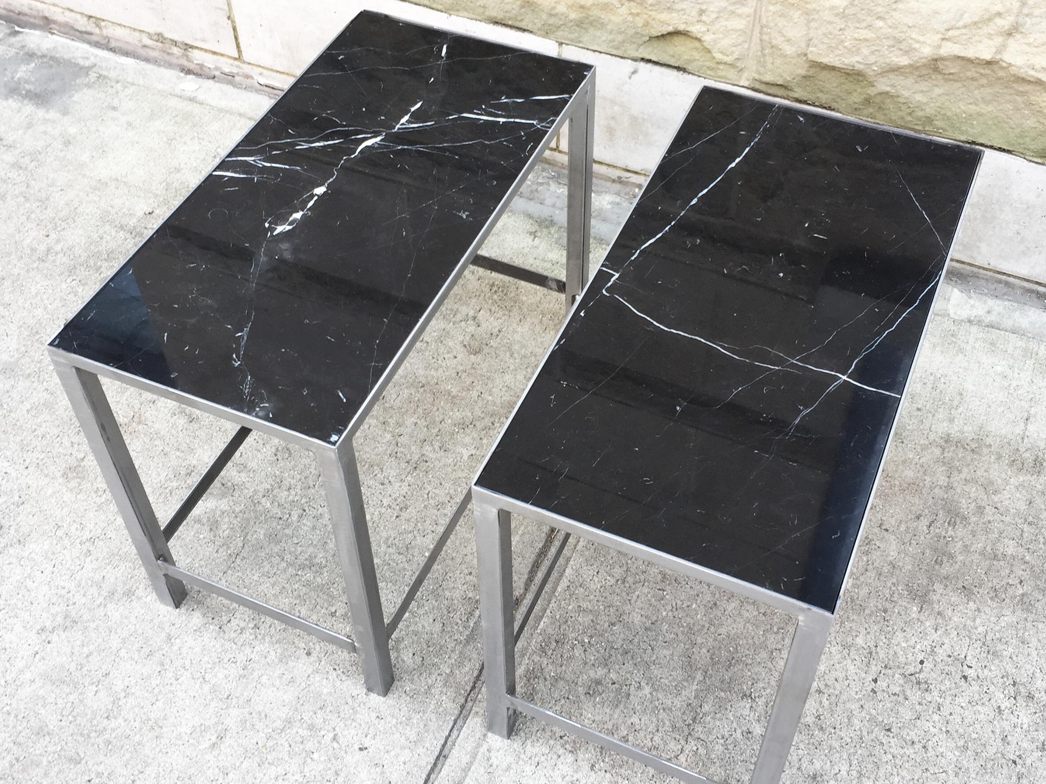 Modern Pair of Custom-Made Marble and Steel End Tables