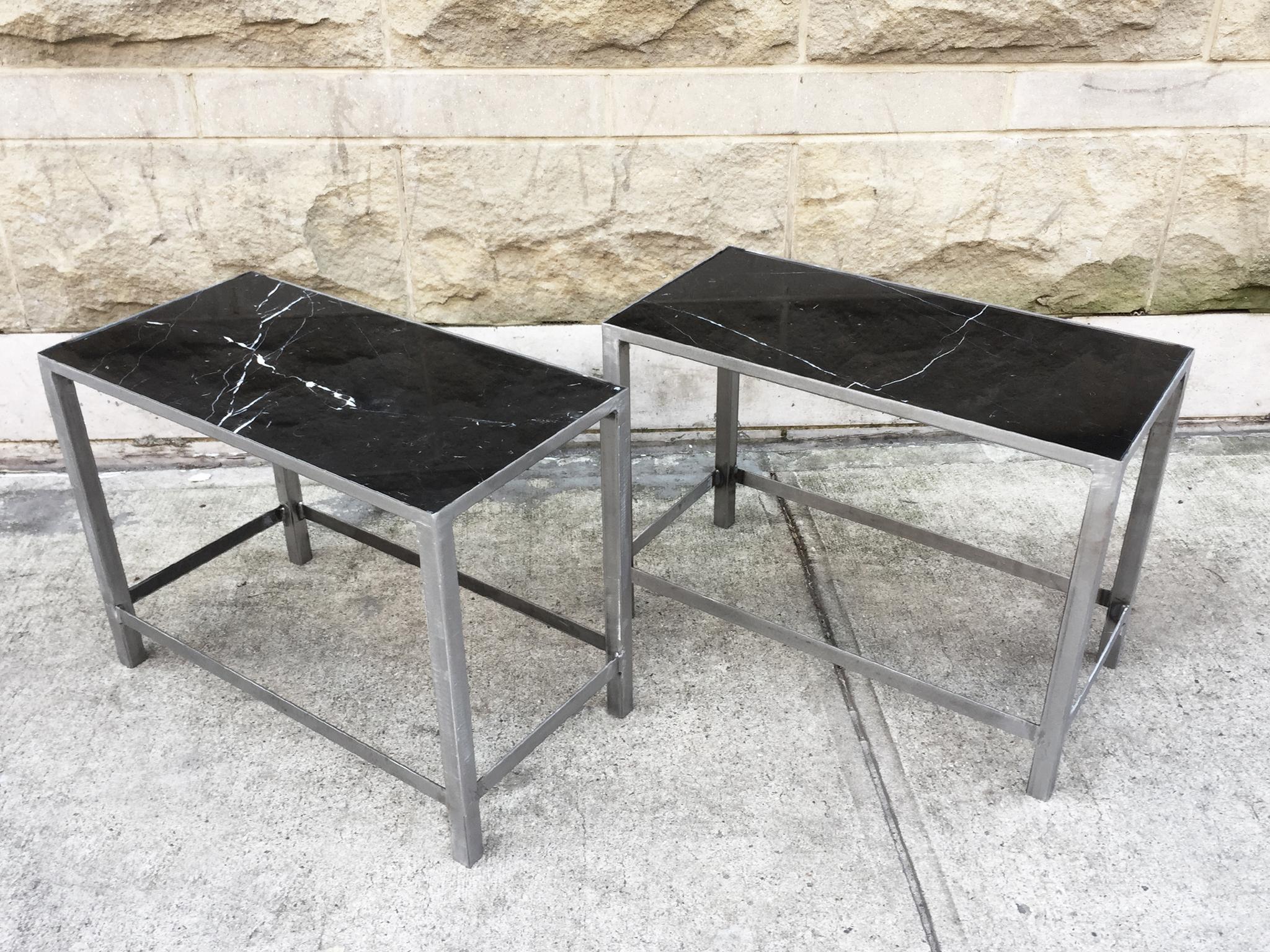 American Pair of Custom-Made Marble and Steel End Tables