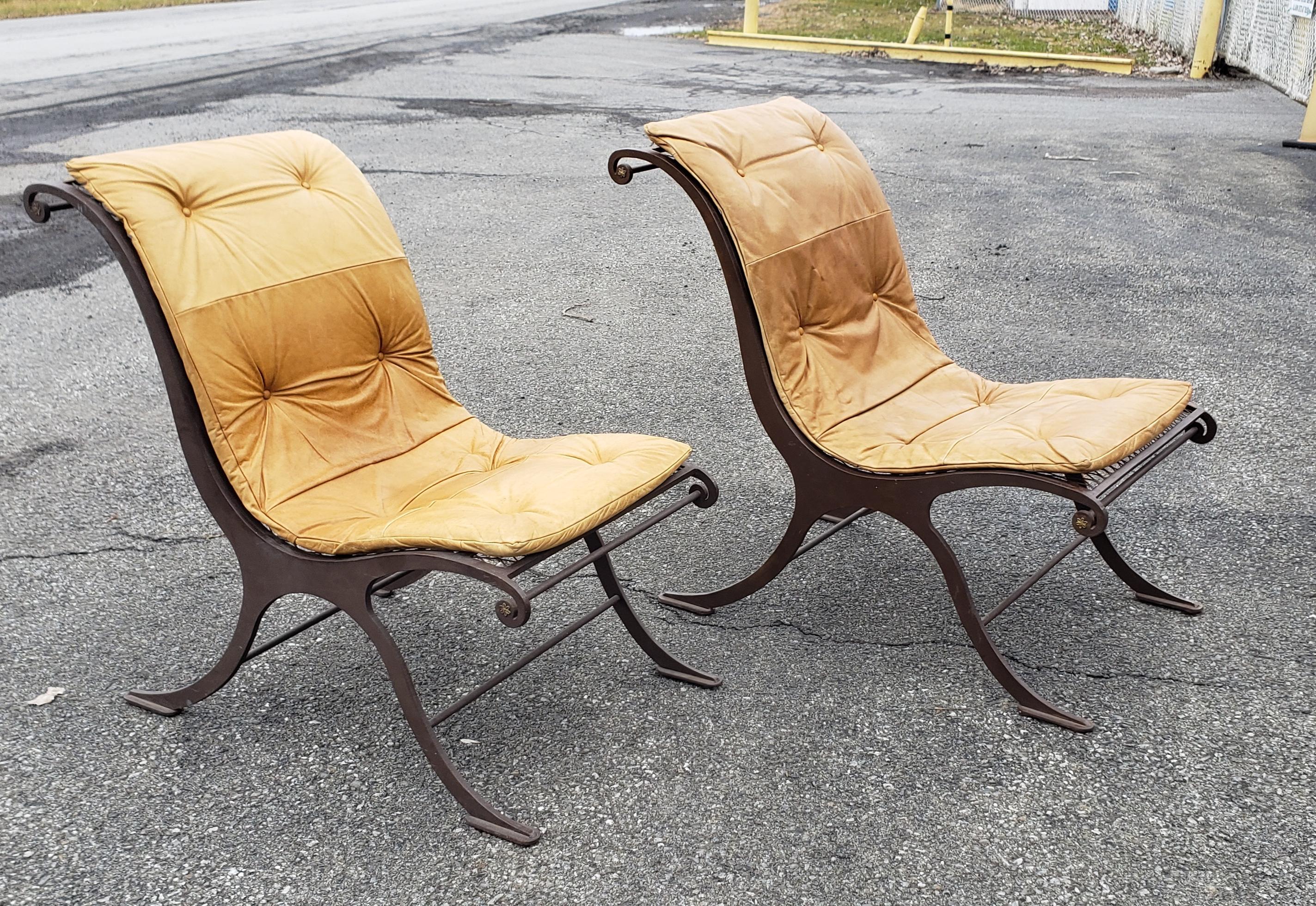 Pair of Custom Made Mid Century Iron and Leather Campeche Chairs For Sale 5