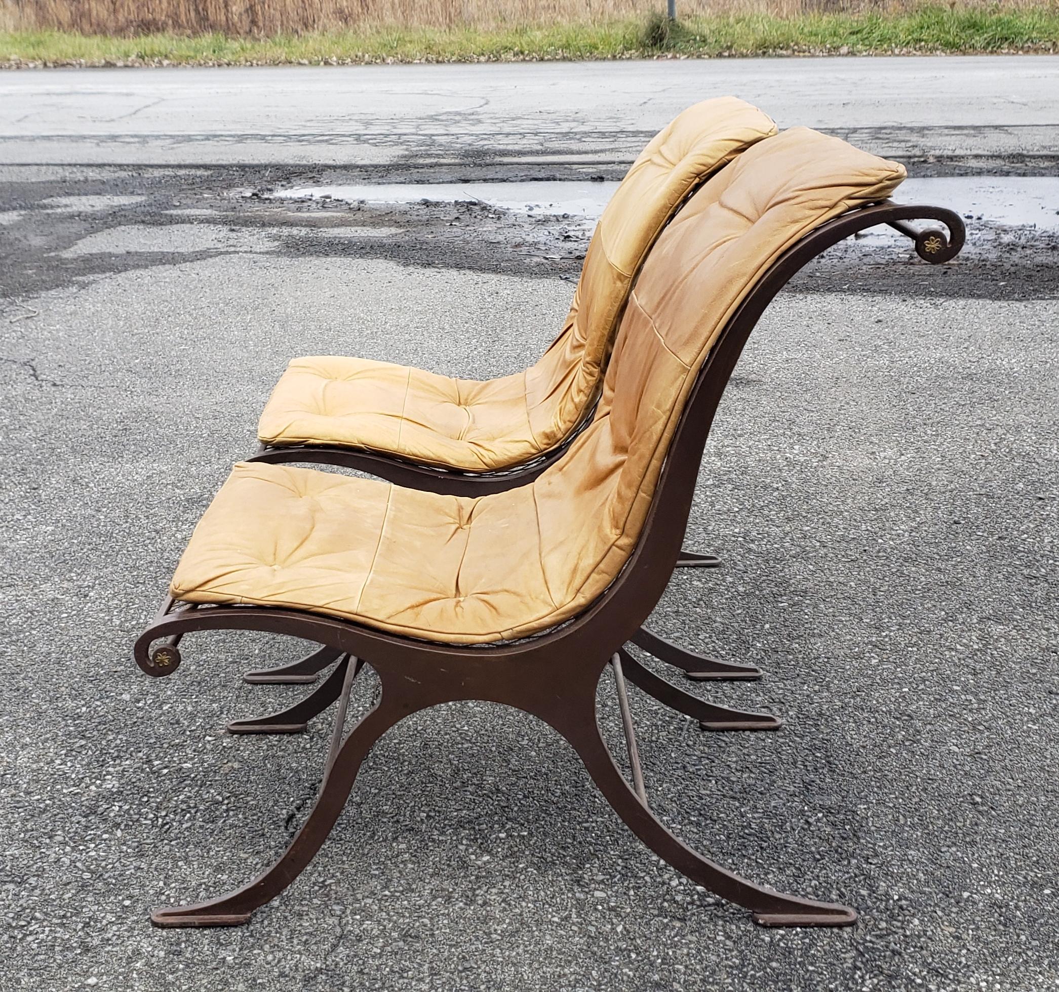 American Pair of Custom Made Mid Century Iron and Leather Campeche Chairs For Sale