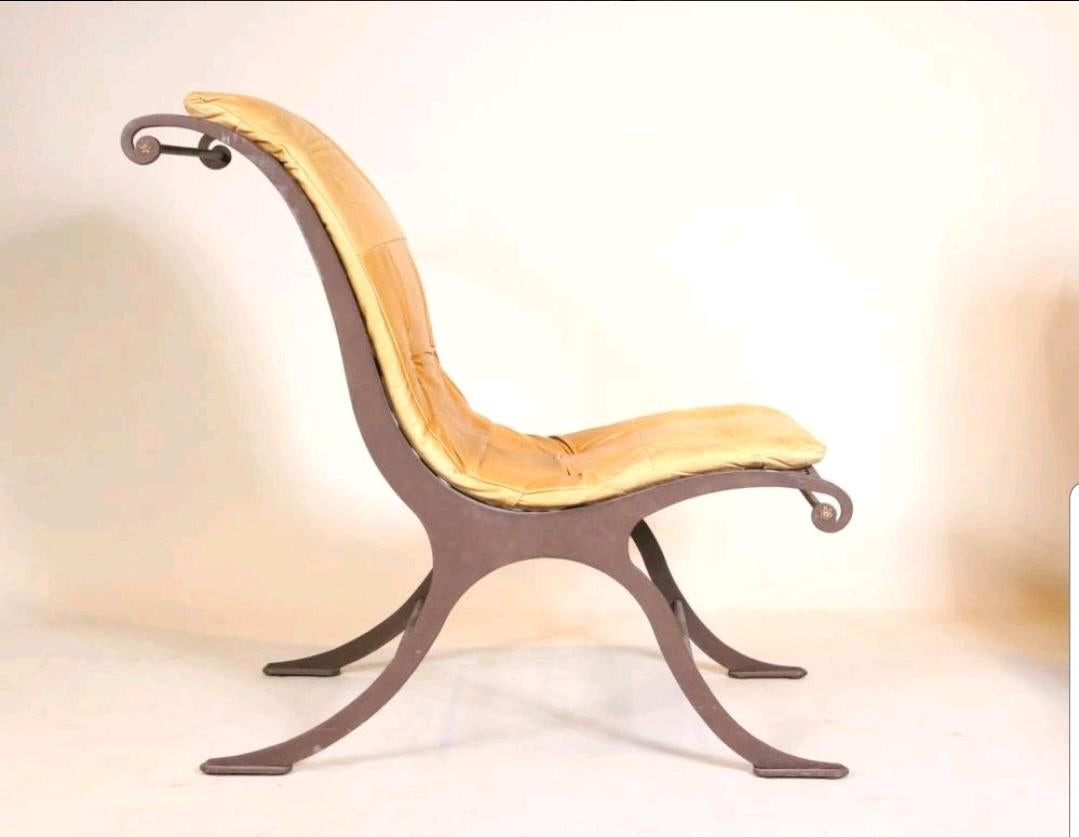 Late 20th Century Pair of Custom Made Mid Century Iron and Leather Campeche Chairs For Sale