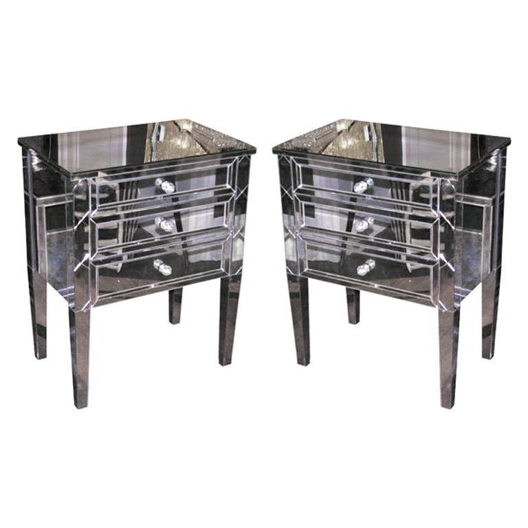 Custom Pair of Neoclassical-Style 3-Drawer X-Front Mirrored Nightstands