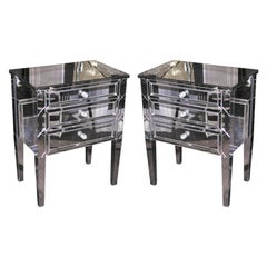 Pair of Neoclassical Modern 3-Drawer X-Front Beveled Mirror Nightstands