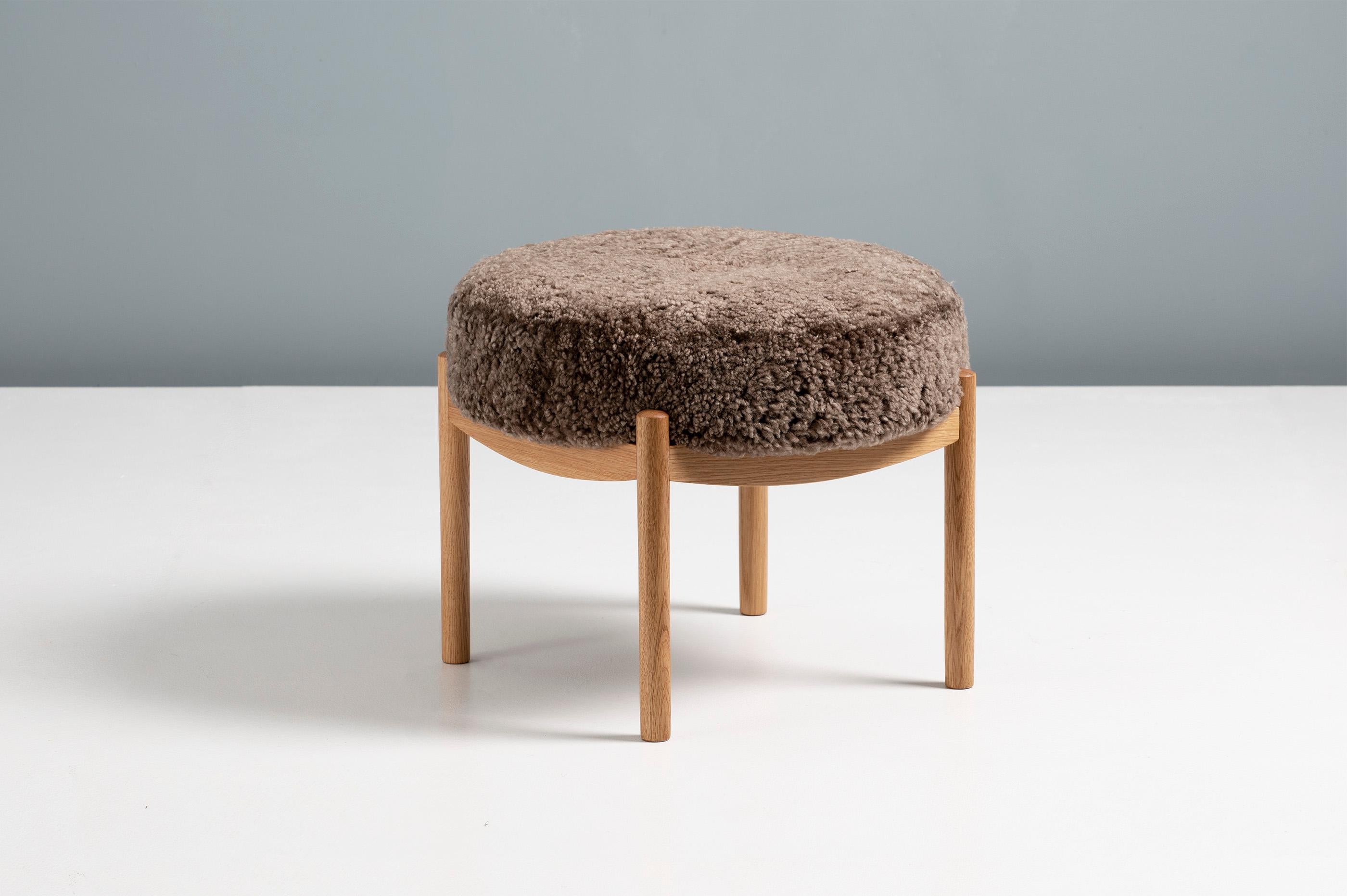 Contemporary Pair of Custom Made Oak and Shearling Ottomans For Sale