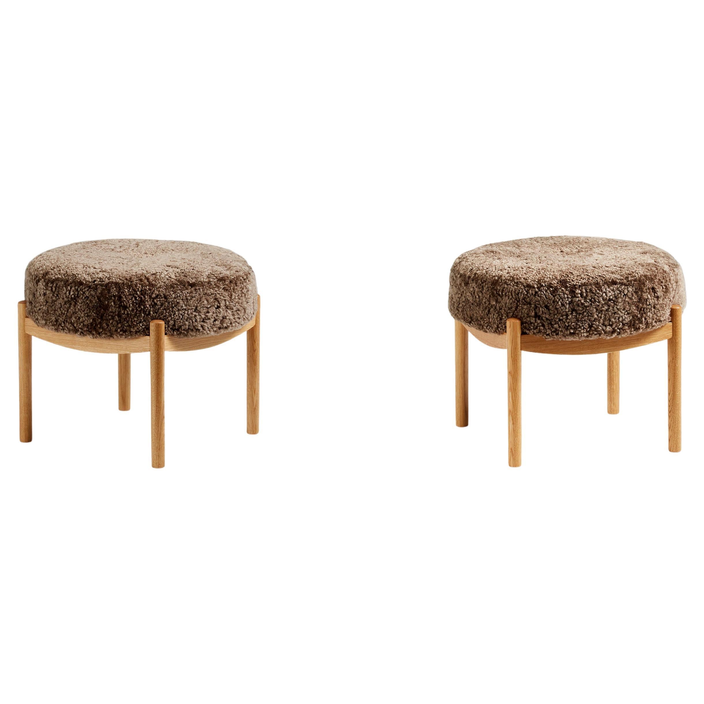Pair of Custom Made Oak and Shearling Ottomans