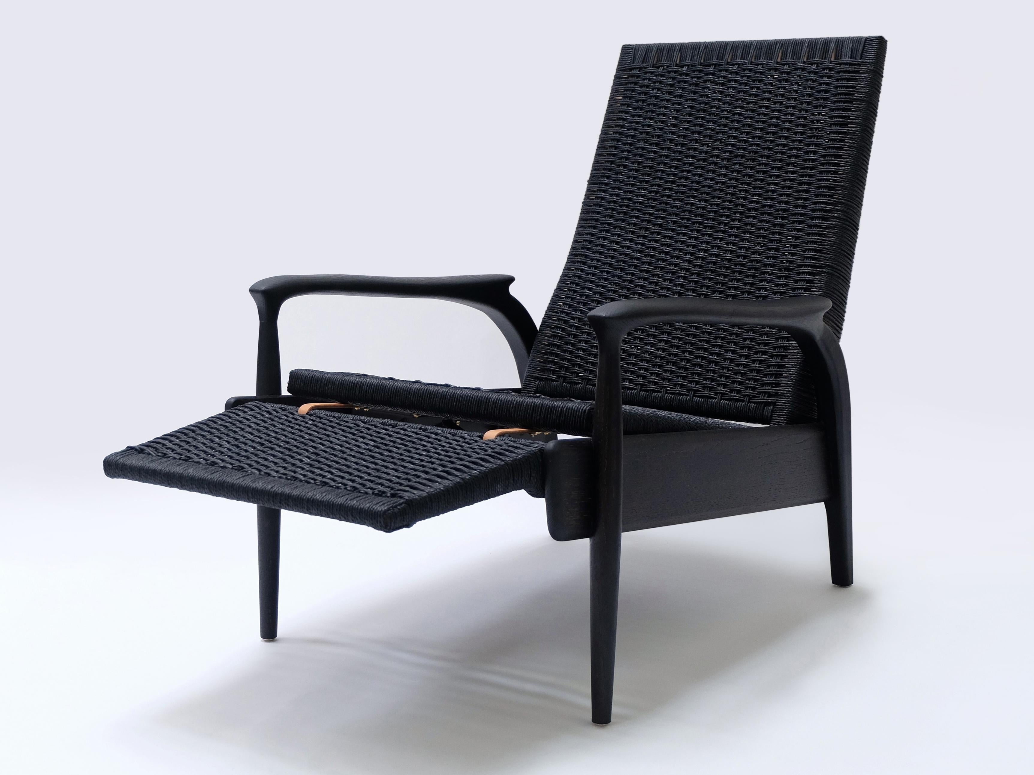 Turned Pair of Custom-Made Reclining Lounge Chairs in Blackened Oak& Black Danish Cord For Sale