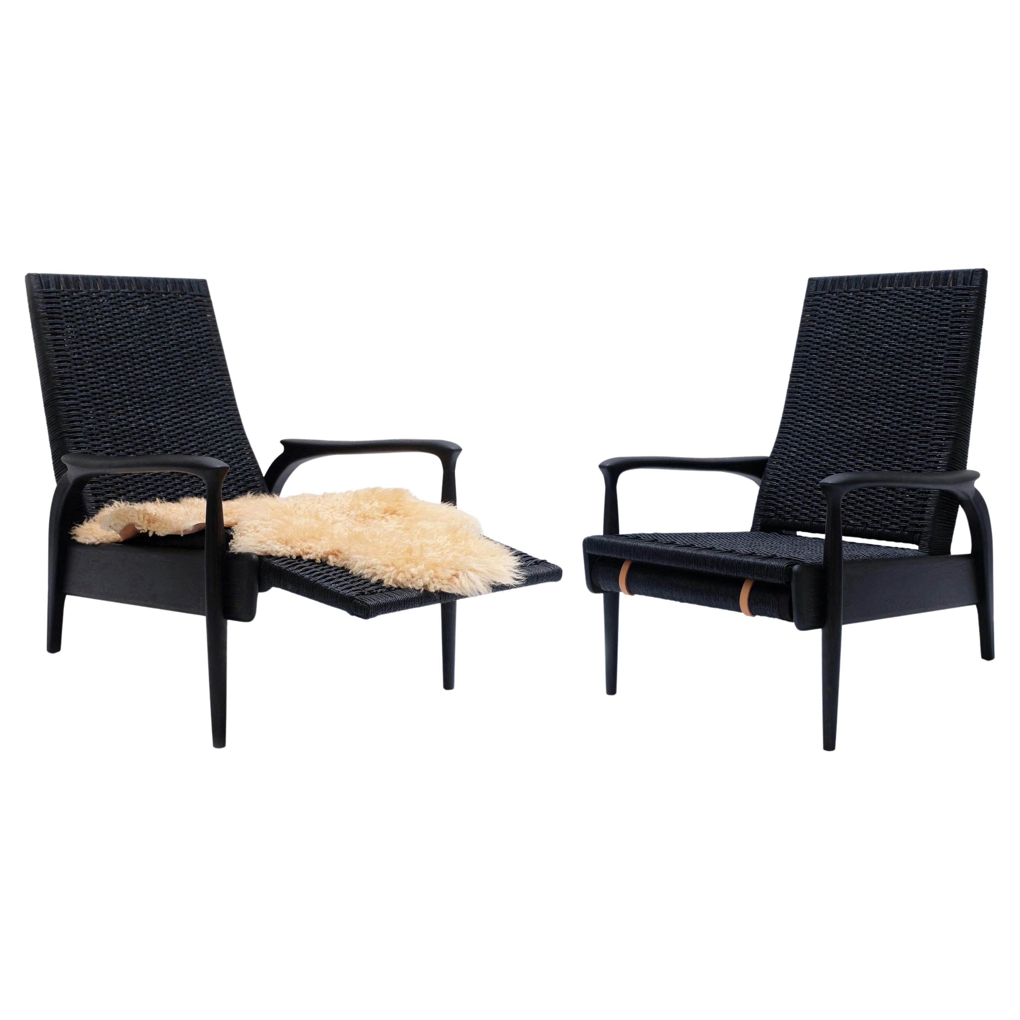 Pair of Custom-Made Reclining Lounge Chairs in Blackened Oak& Black Danish Cord For Sale