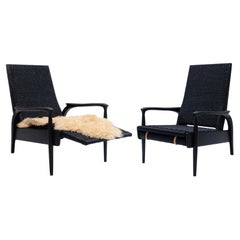 Pair of Custom-Made Reclining Lounge Chairs in Blackened Oak& Black Danish Cord