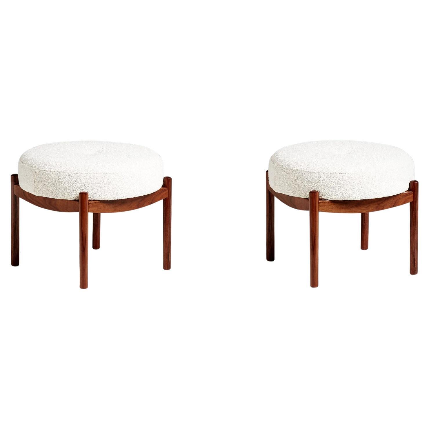 Pair of Custom Made Rosewood and Boucle Ottomans For Sale at 1stDibs