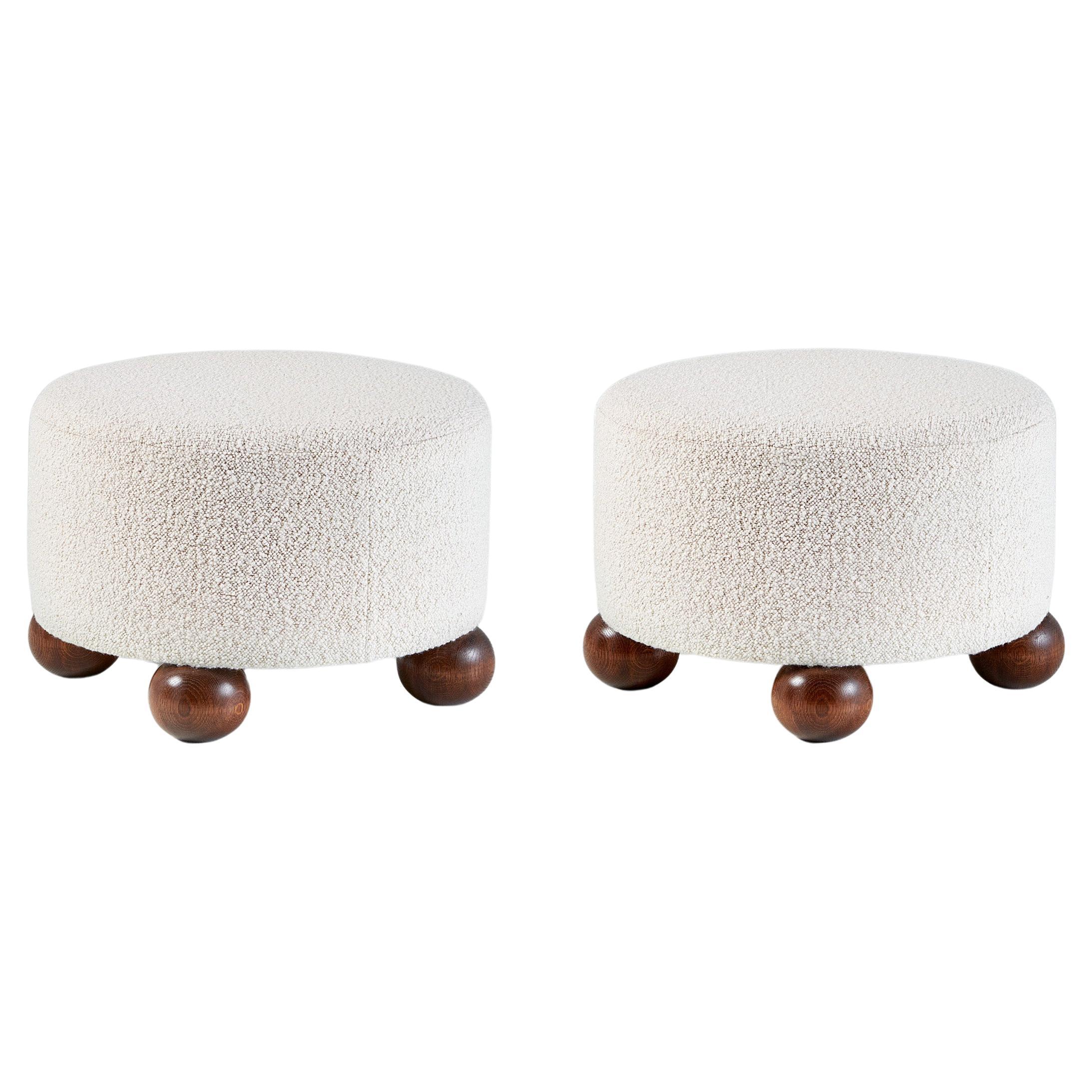 Pair of Custom Made Round Boucle Ottomans with Oak Ball Feet. Available in COM For Sale