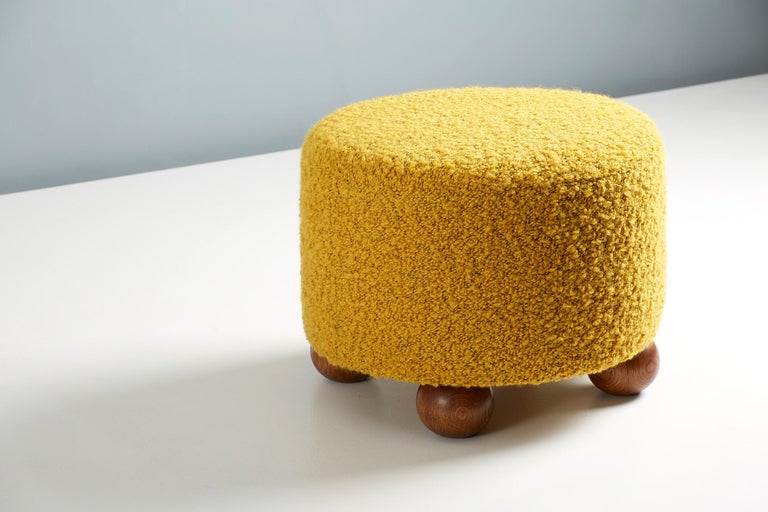 Pair of Custom Made Round Boucle Ottomans with Oak Ball Feet For Sale ...