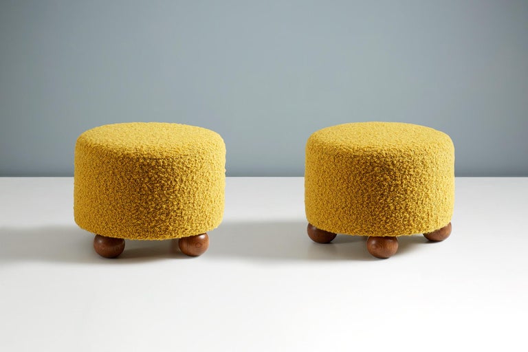 Pair of Custom Made Round Boucle Ottomans with Oak Ball Feet For Sale ...