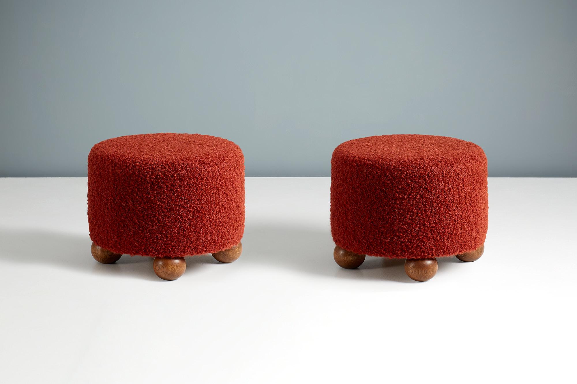 Scandinavian Modern Pair of Custom Made Round Boucle Ottomans with Oak Ball Feet For Sale